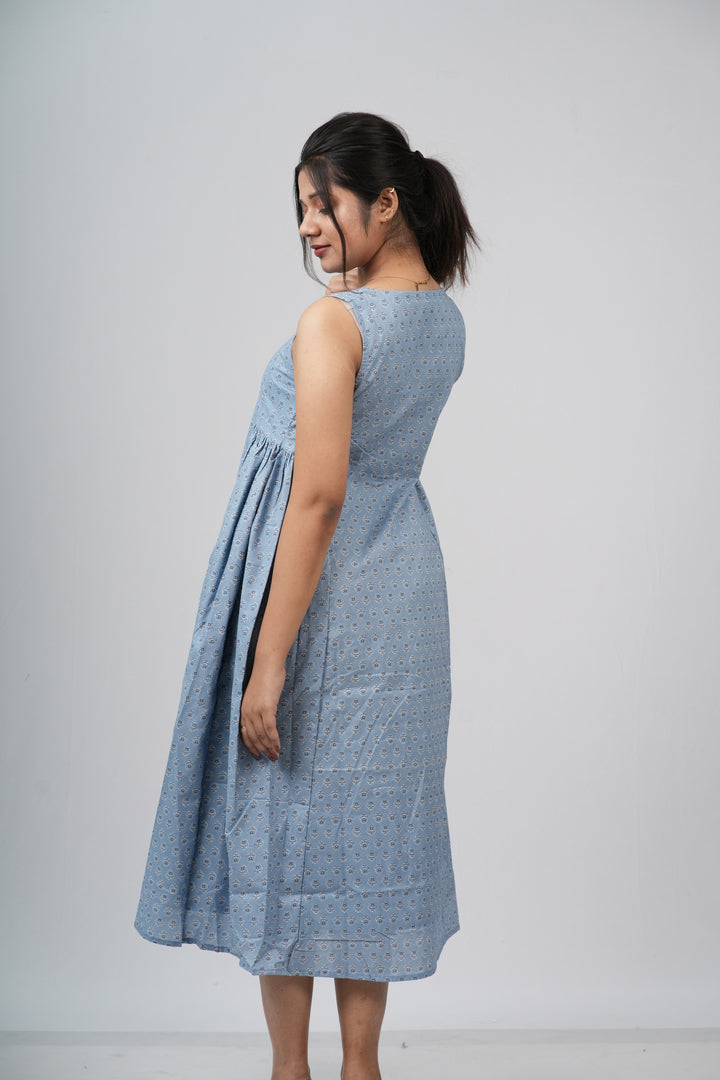 Powder Blue Micro-Buti Cotton Sleeveless A-Line Dress