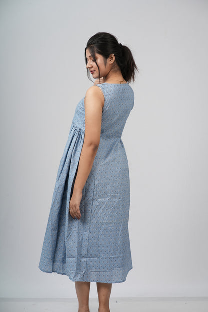 Powder Blue Micro-Buti Cotton Sleeveless A-Line Dress