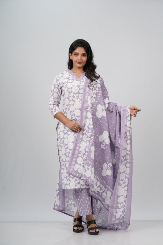 White and Lavender  Floral Cotton Straight Suit Set