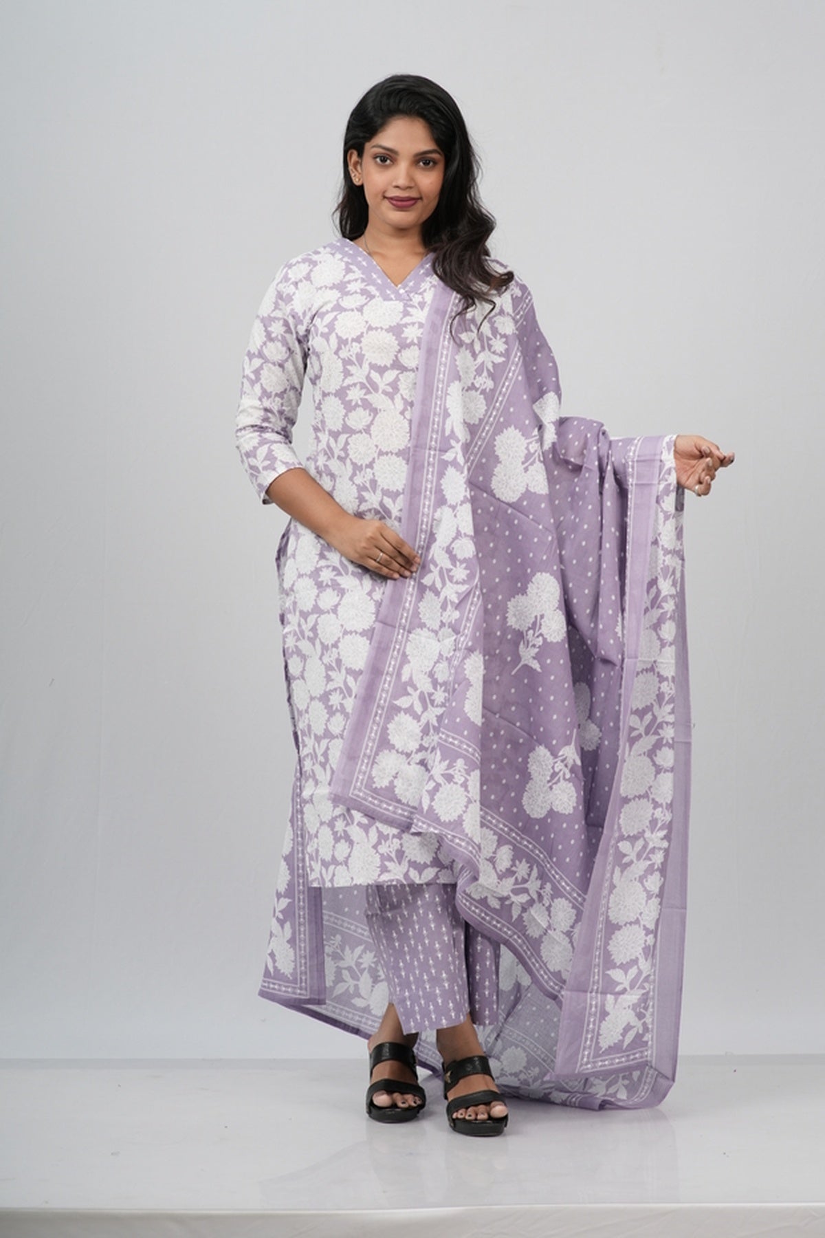 White and Lavender  Floral Cotton Straight Suit Set