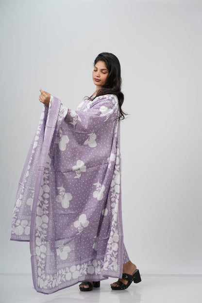 White and Lavender  Floral Cotton Straight Suit Set