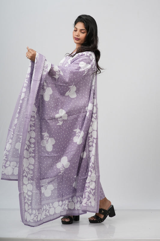 White and Lavender  Floral Cotton Straight Suit Set
