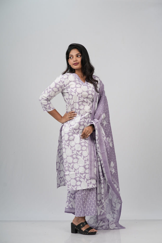 White and Lavender  Floral Cotton Straight Suit Set