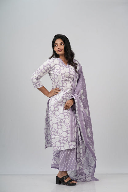 White and Lavender  Floral Cotton Straight Suit Set