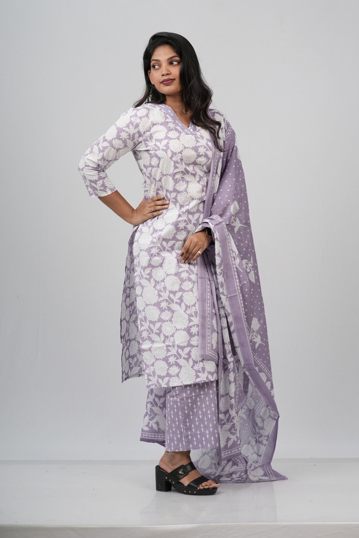 White and Lavender  Floral Cotton Straight Suit Set