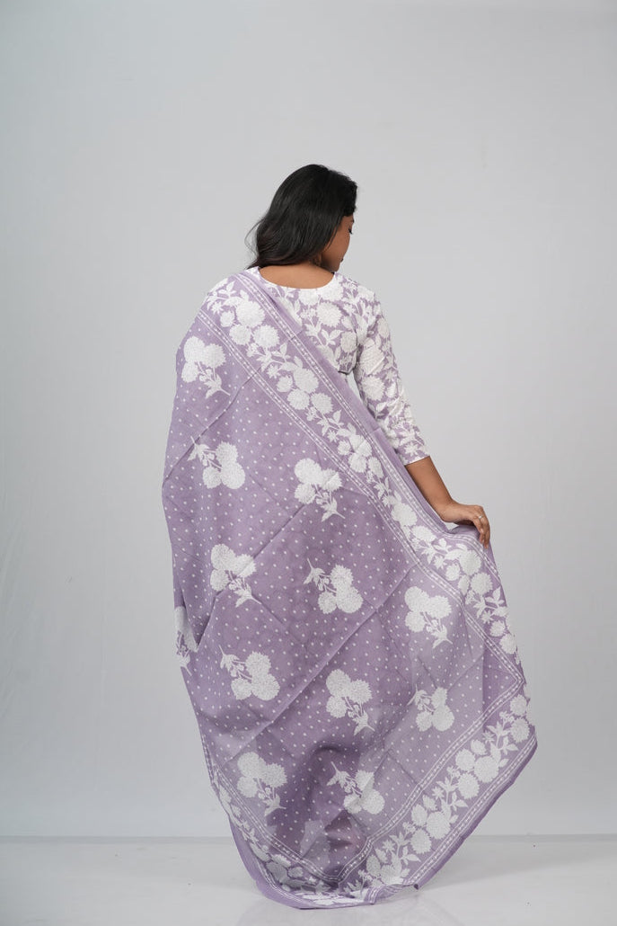 White and Lavender  Floral Cotton Straight Suit Set