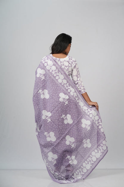 White and Lavender  Floral Cotton Straight Suit Set