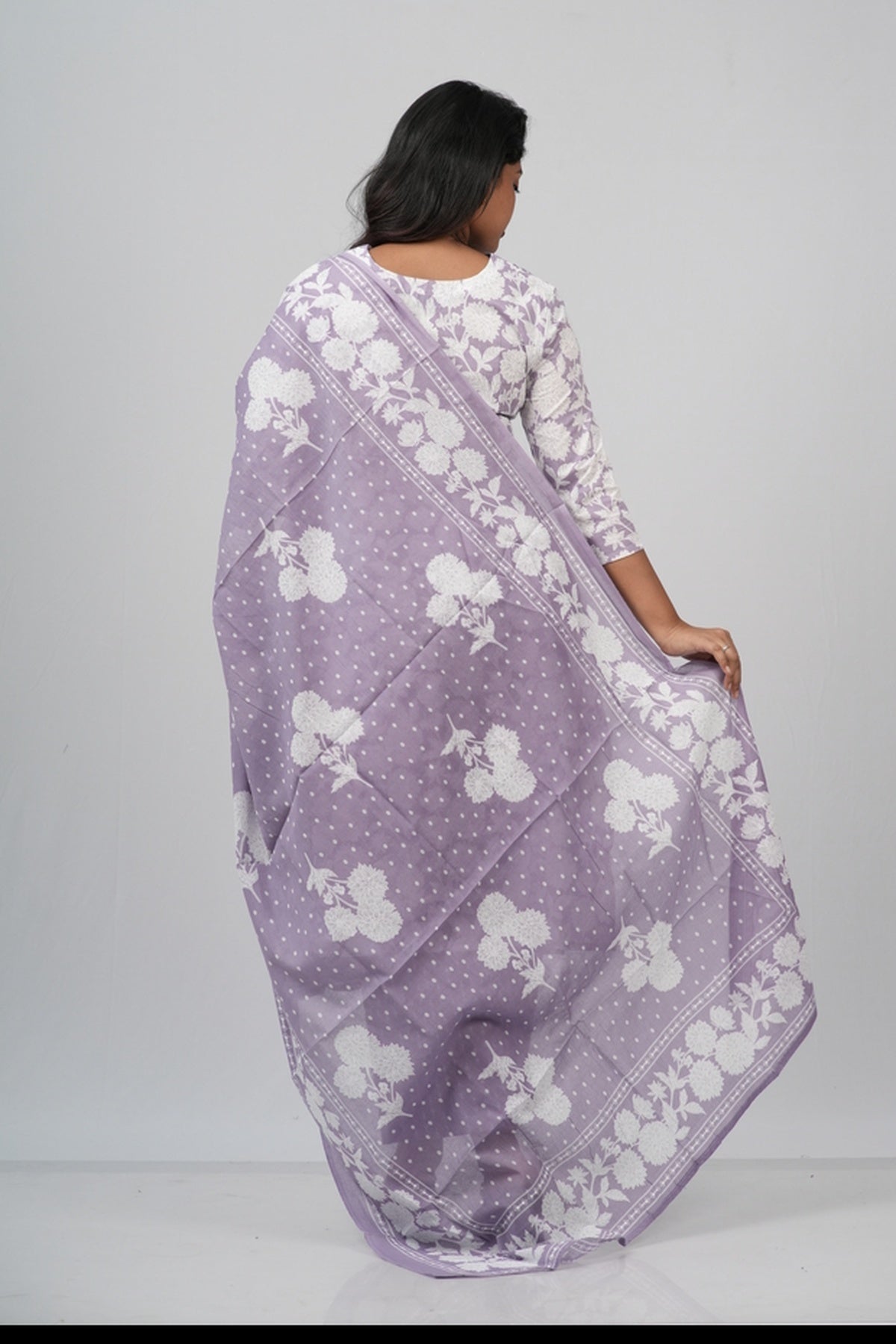 White and Lavender  Floral Cotton Straight Suit Set