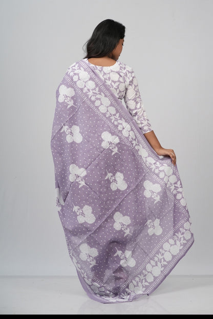White and Lavender  Floral Cotton Straight Suit Set
