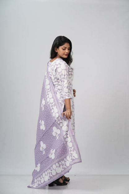 White and Lavender  Floral Cotton Straight Suit Set