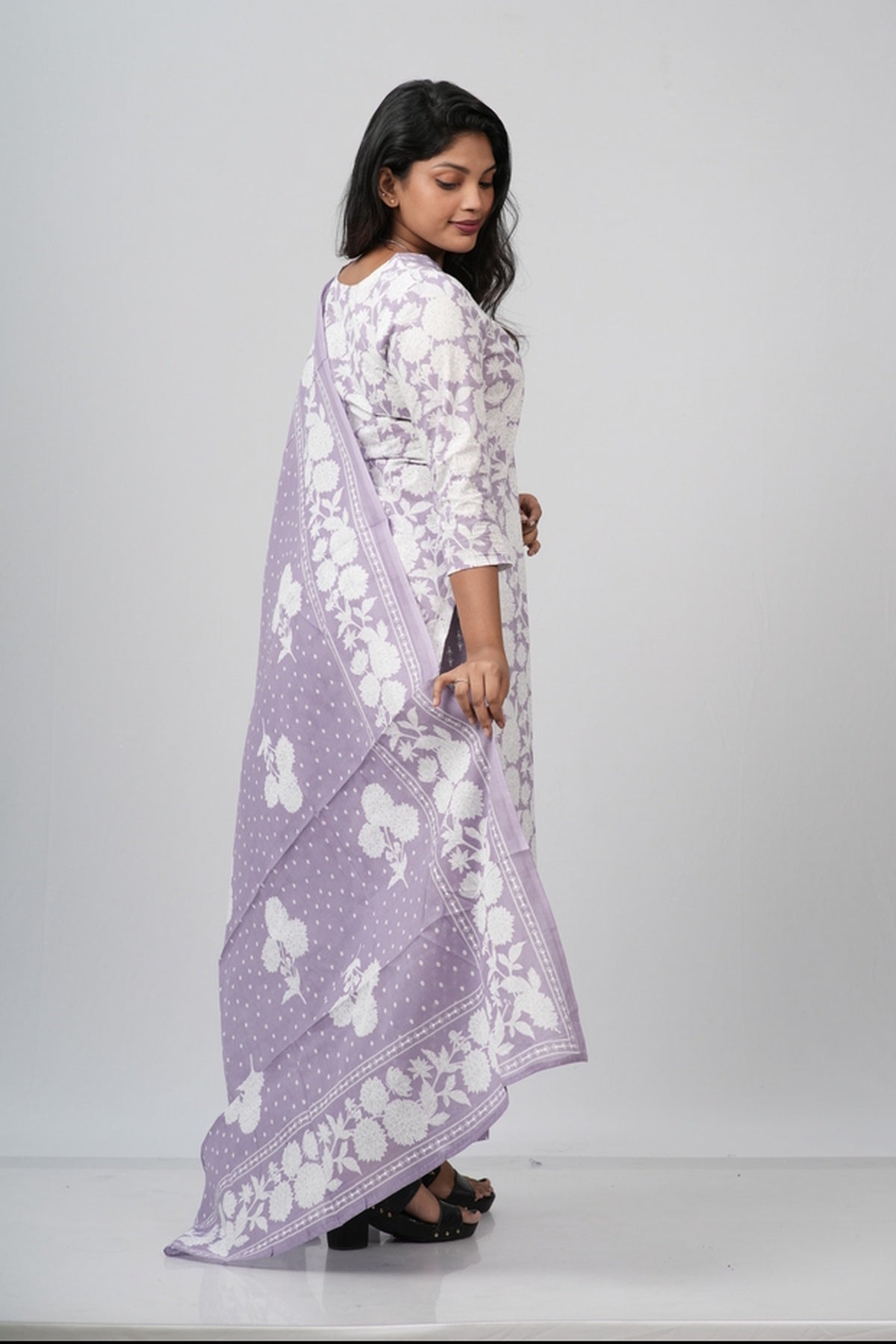 White and Lavender  Floral Cotton Straight Suit Set