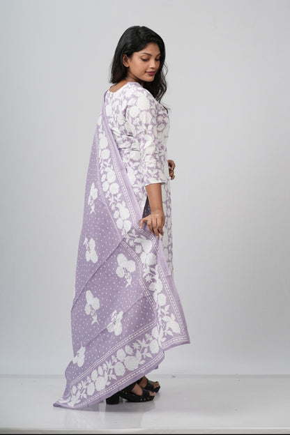 White and Lavender  Floral Cotton Straight Suit Set