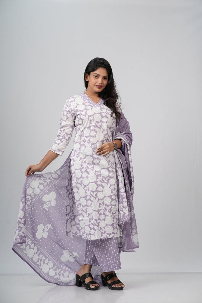 White and Lavender  Floral Cotton Straight Suit Set