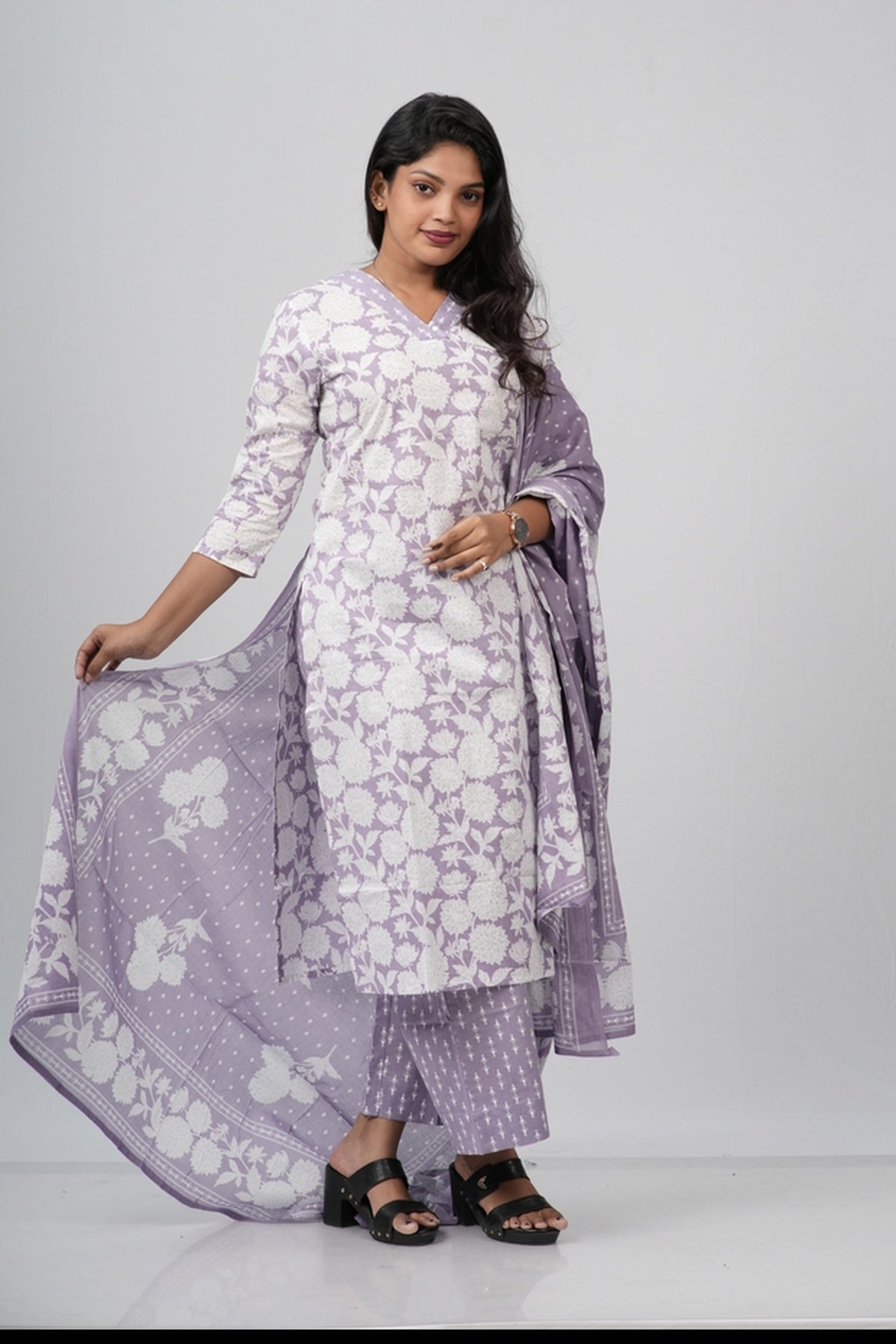 White and Lavender  Floral Cotton Straight Suit Set