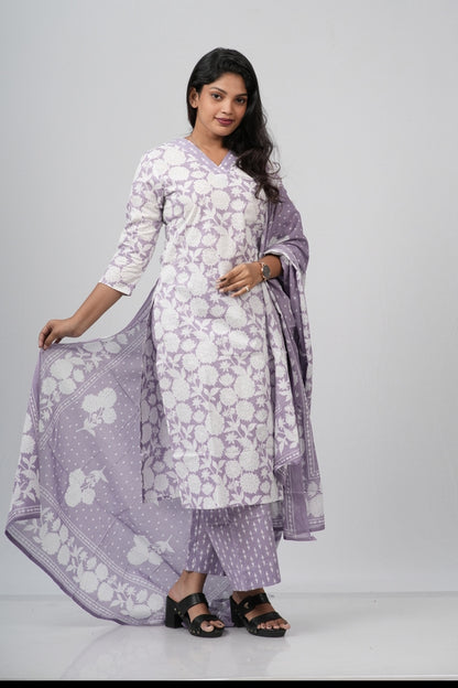 White and Lavender  Floral Cotton Straight Suit Set