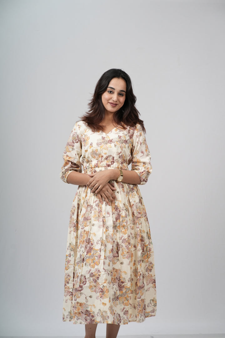 Golden Autumn Floral Cotton Tiered A-Line Dress