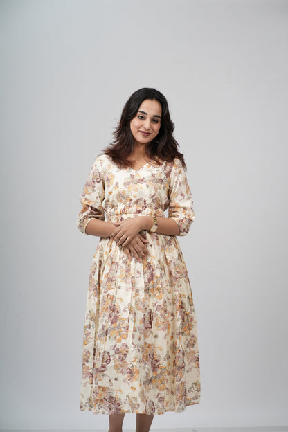 Golden Autumn Floral Cotton Tiered A-Line Dress