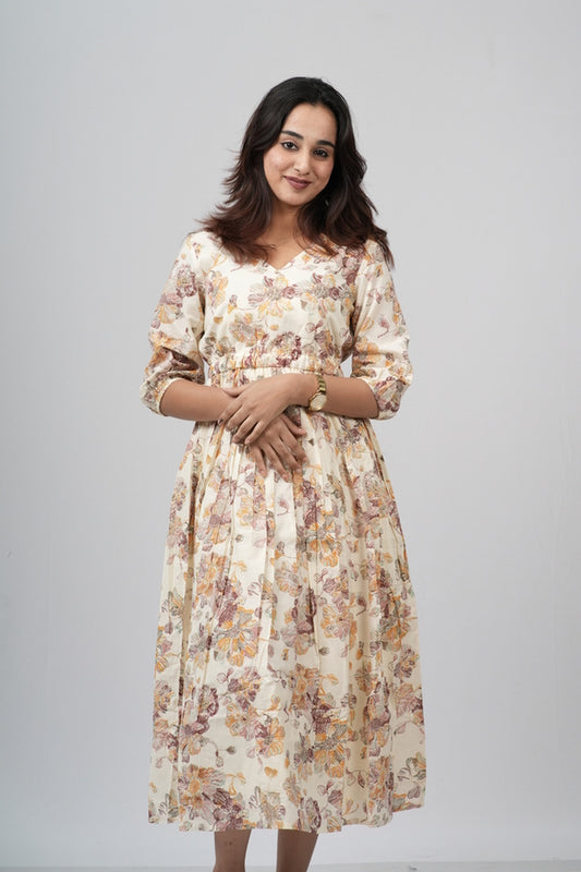 Golden Autumn Floral Cotton Tiered A-Line Dress