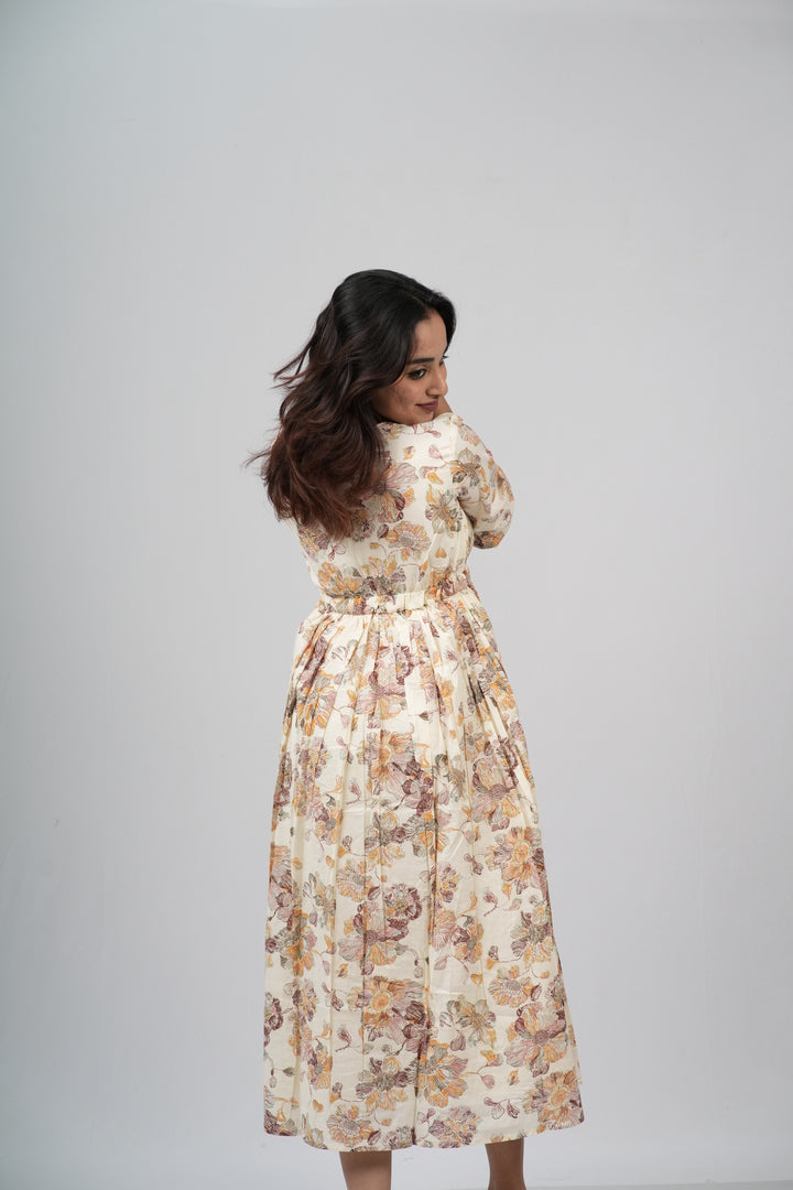 Golden Autumn Floral Cotton Tiered A-Line Dress