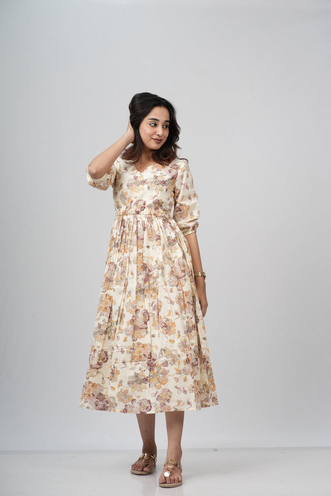 Golden Autumn Floral Cotton Tiered A-Line Dress