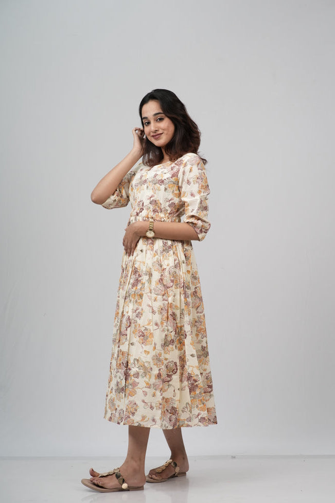 Golden Autumn Floral Cotton Tiered A-Line Dress