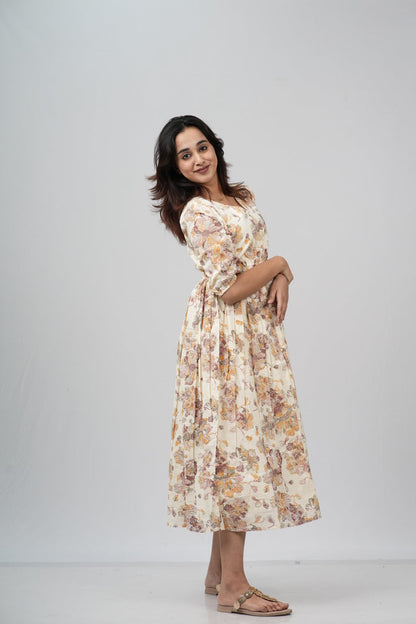Golden Autumn Floral Cotton Tiered A-Line Dress