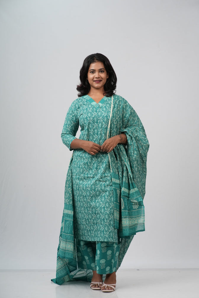 Seafoam Green Floral Cotton Straight Suit Set