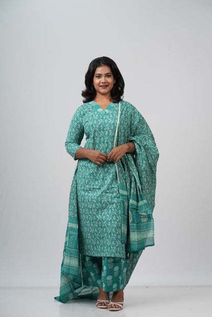 Seafoam Green Floral Cotton Straight Suit Set