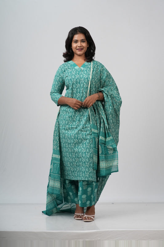 Seafoam Green Floral Cotton Straight Suit Set