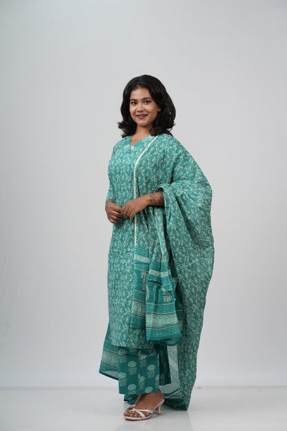 Seafoam Green Floral Cotton Straight Suit Set