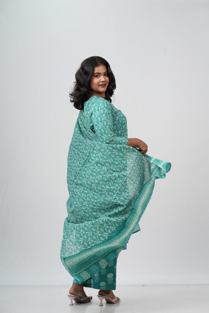 Seafoam Green Floral Cotton Straight Suit Set