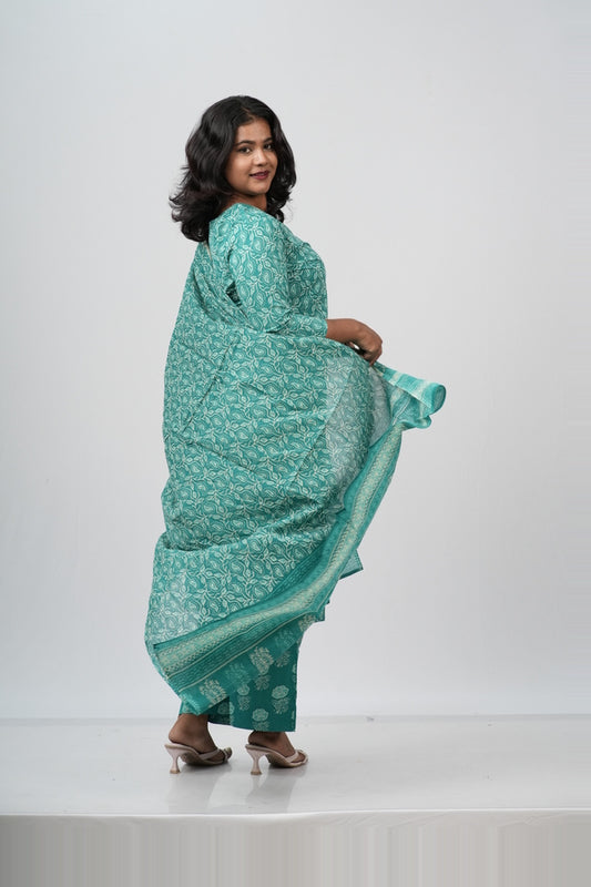 Seafoam Green Floral Cotton Straight Suit Set