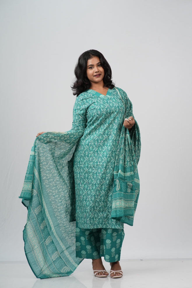 Seafoam Green Floral Cotton Straight Suit Set