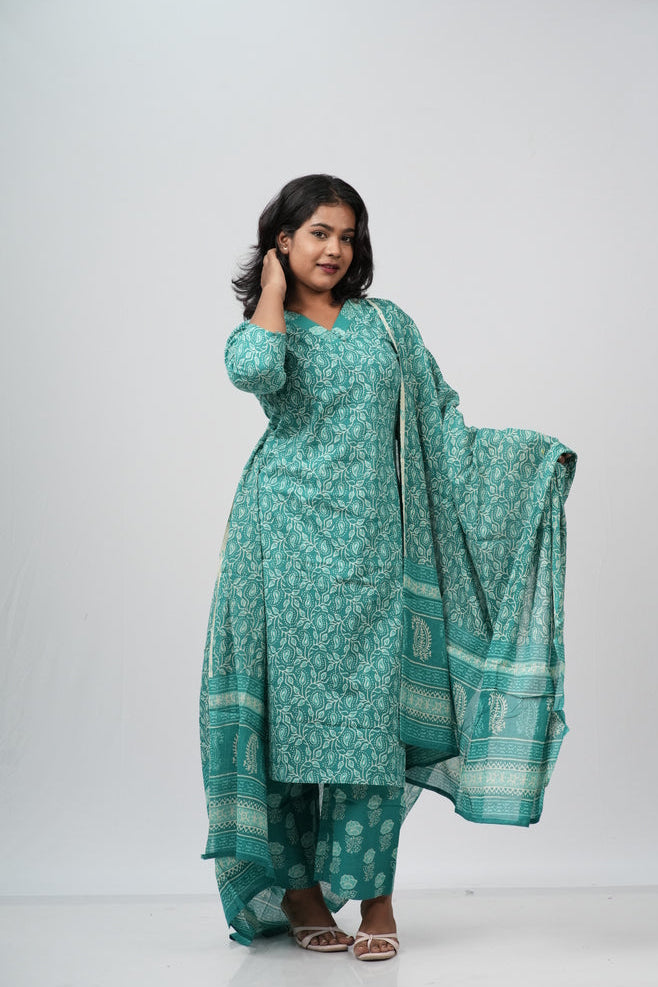 Seafoam Green Floral Cotton Straight Suit Set