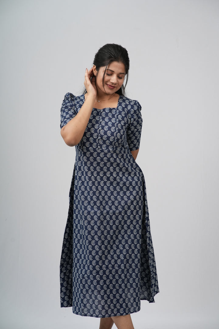 Indigo Paisley Cotton A-Line Midi Dress