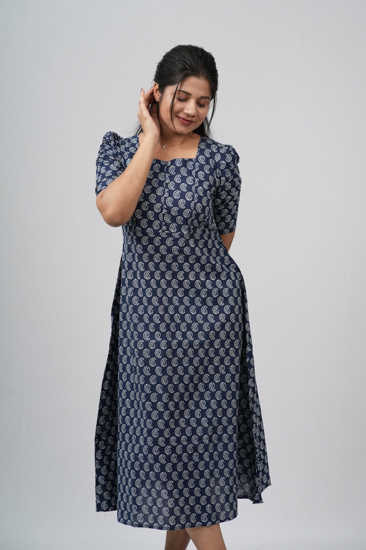 Indigo Paisley Cotton A-Line Midi Dress