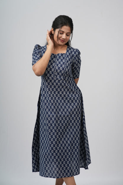 Indigo Paisley Cotton A-Line Midi Dress