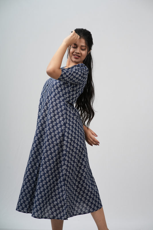 Indigo Paisley Cotton A-Line Midi Dress