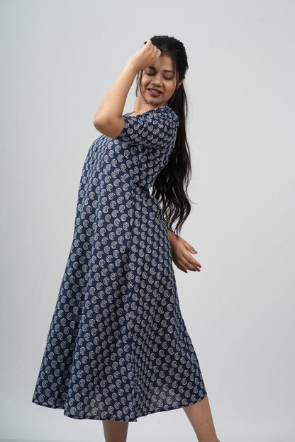 Indigo Paisley Cotton A-Line Midi Dress