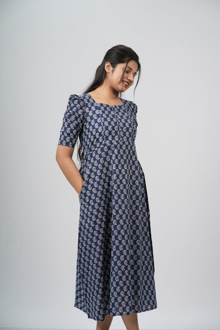 Indigo Paisley Cotton A-Line Midi Dress
