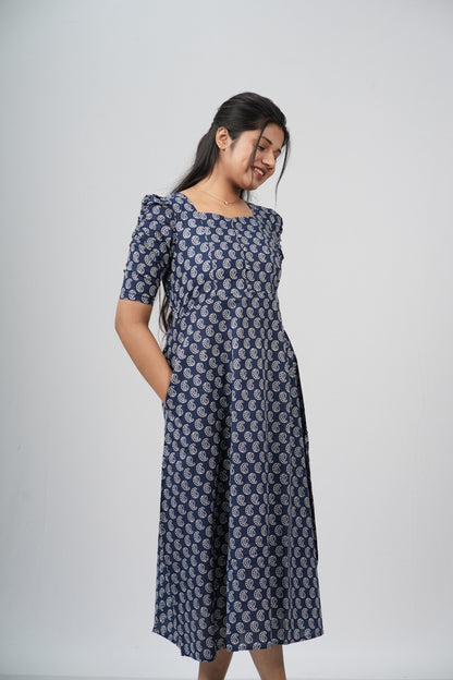 Indigo Paisley Cotton A-Line Midi Dress