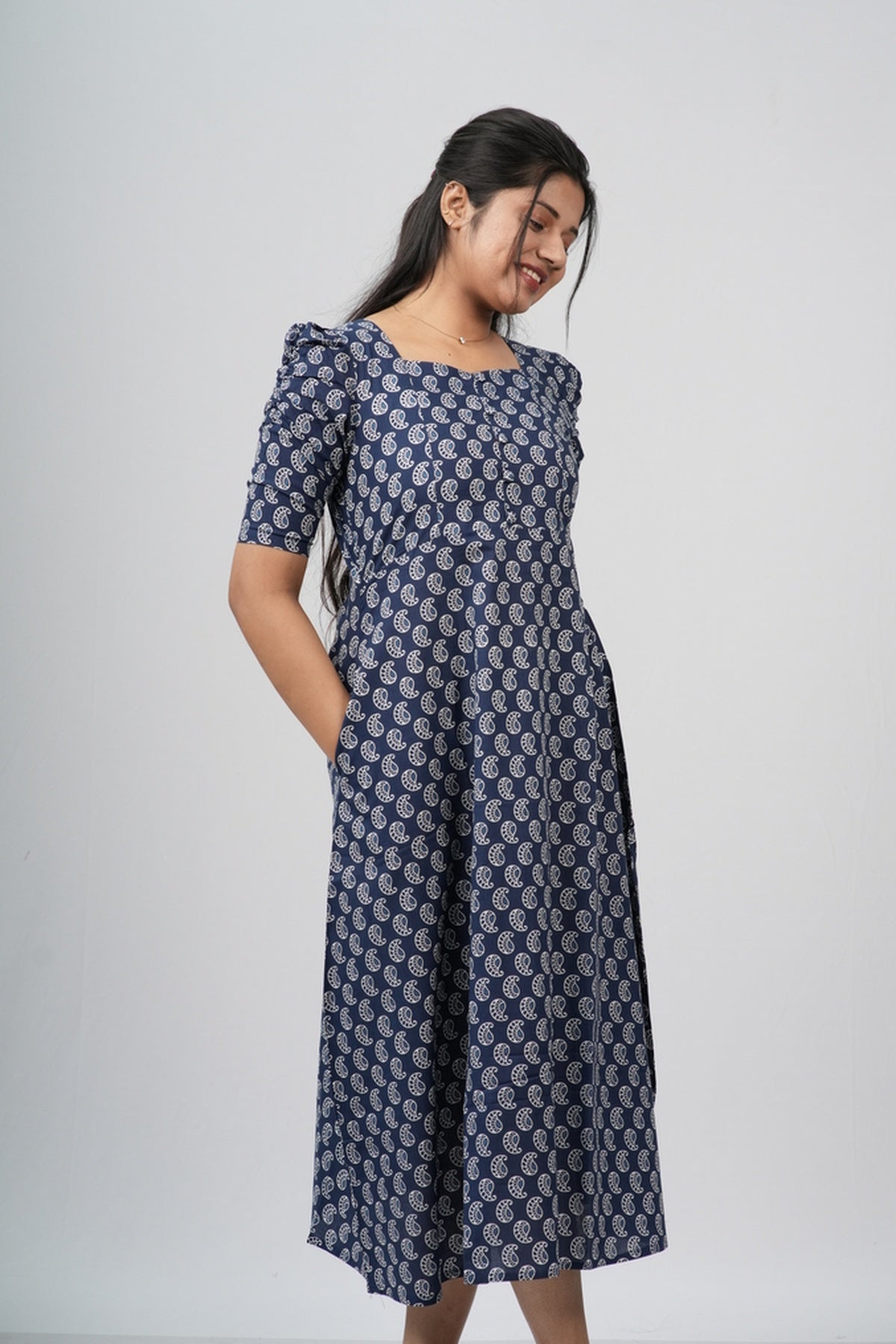 Indigo Paisley Cotton A-Line Midi Dress