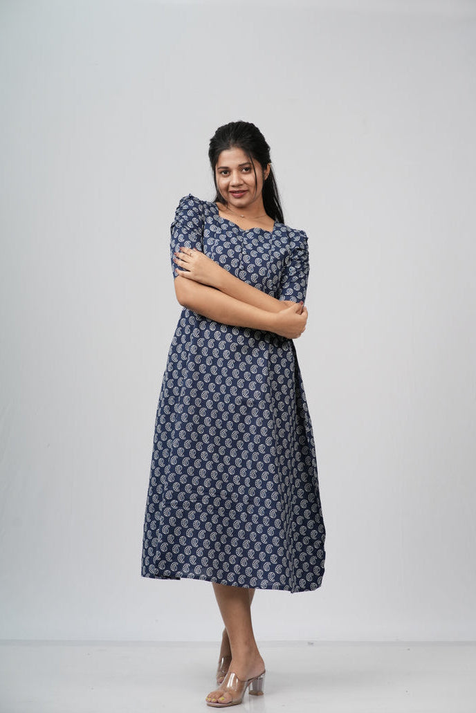 Indigo Paisley Cotton A-Line Midi Dress