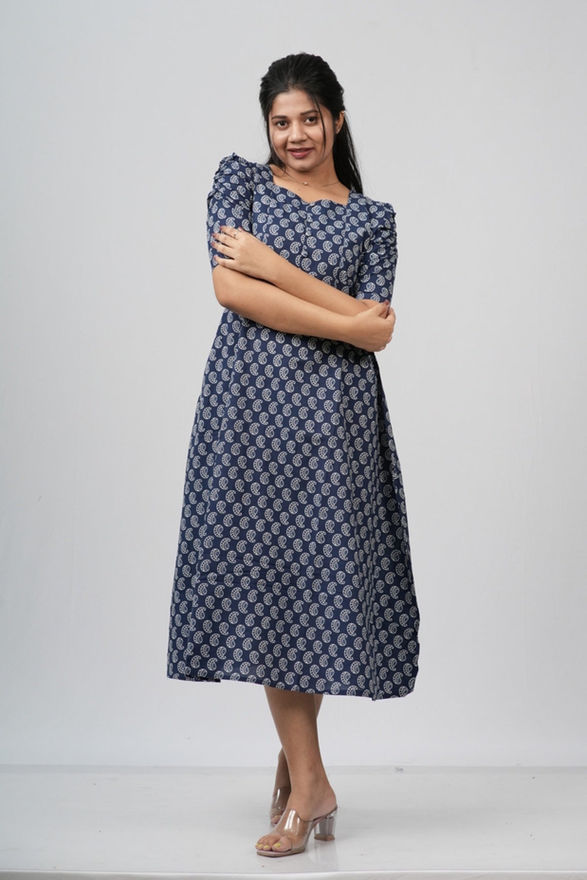 Indigo Paisley Cotton A-Line Midi Dress