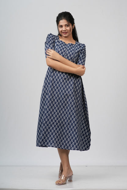 Indigo Paisley Cotton A-Line Midi Dress