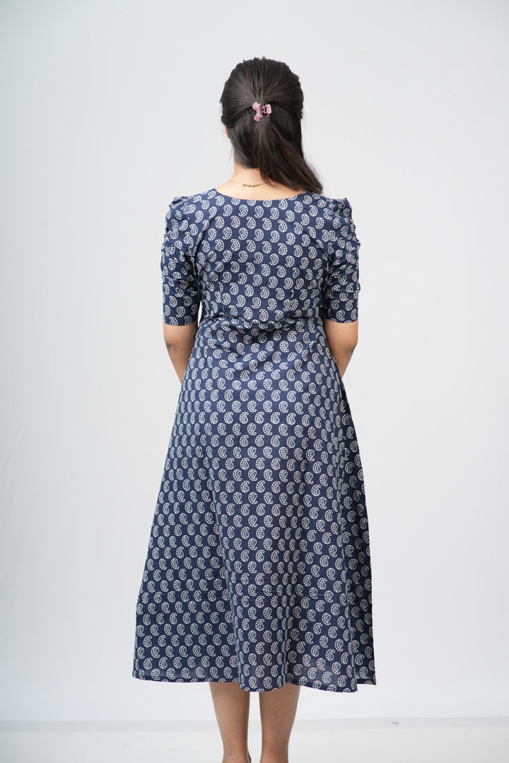 Indigo Paisley Cotton A-Line Midi Dress