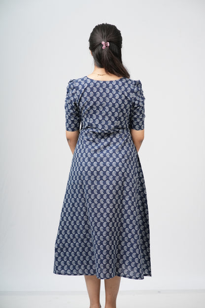 Indigo Paisley Cotton A-Line Midi Dress