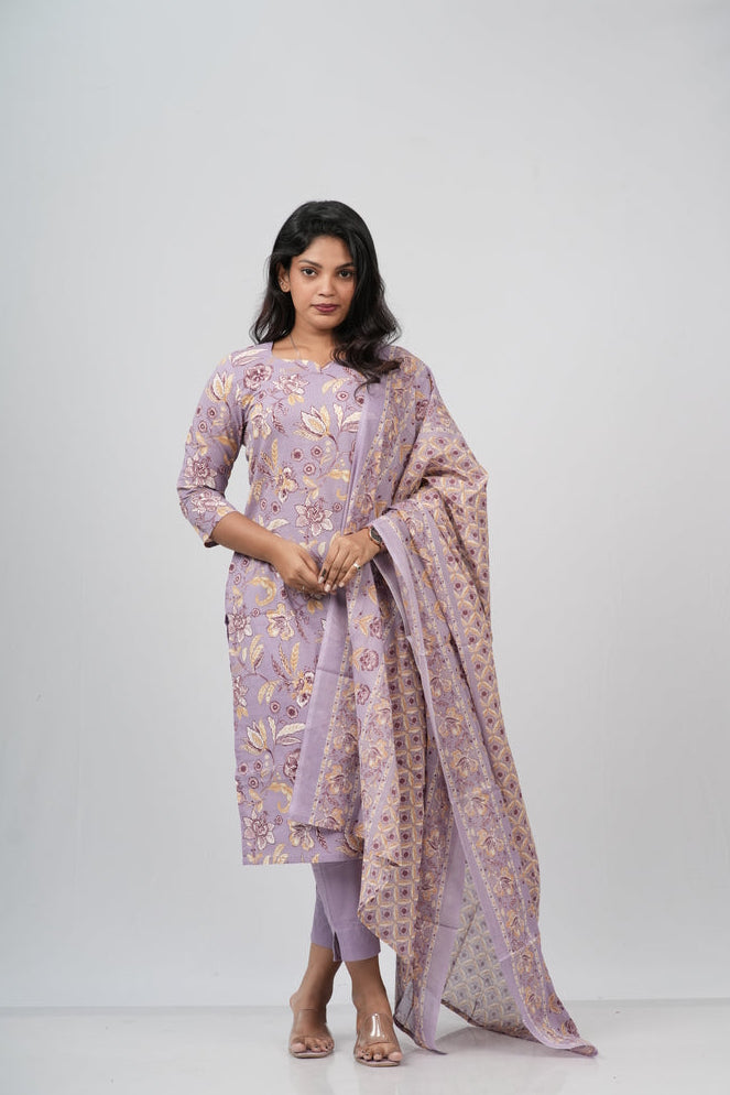 Lavender Mist Floral Print Cotton Suit Set