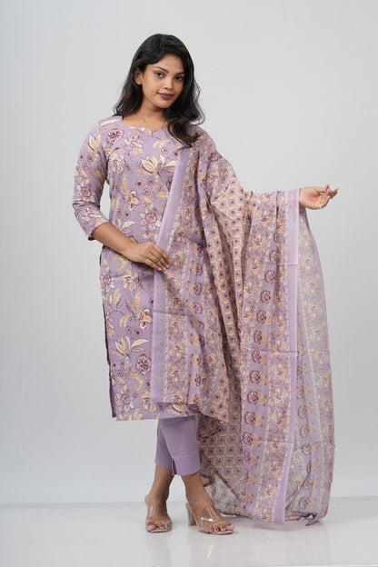 Lavender Mist Floral Print Cotton Suit Set