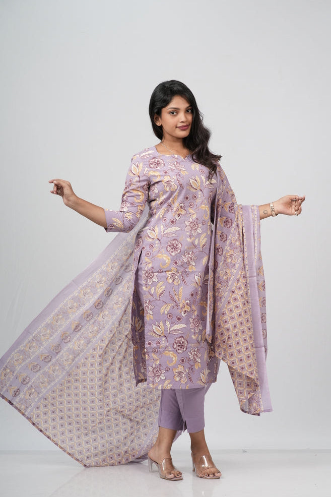 Lavender Mist Floral Print Cotton Suit Set